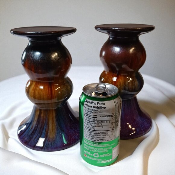 Vintage Set of Two Flambé Ceramic Candle Holders Pair Purple Blue Orange Pillars - Picture 10 of 10
